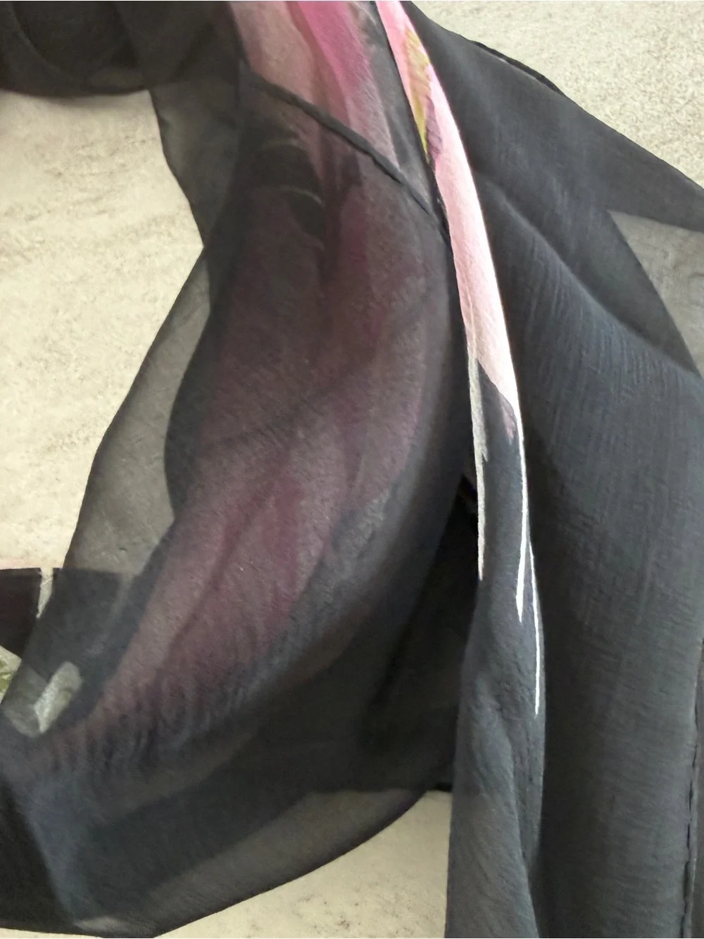 Hermes Pink Floral Silk Scarf with Black Border and Green Leaves